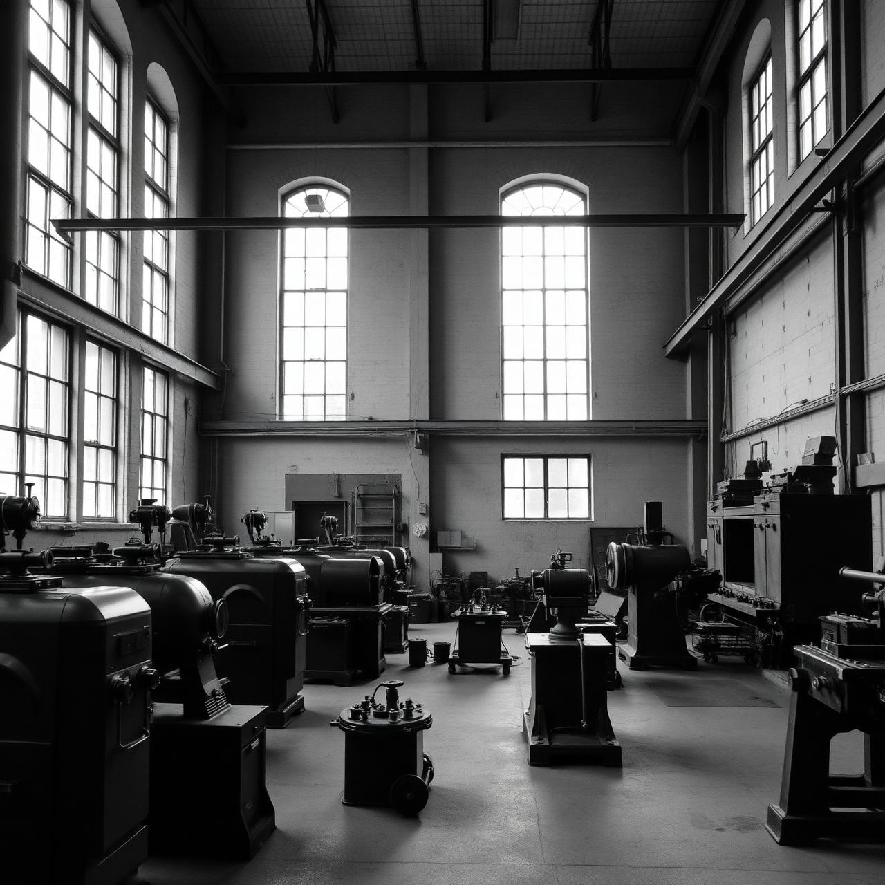 Atelier industriel français, machines de précision sous la lumière des verrières